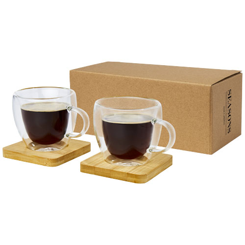 Manti 2-piece 100 ml double-wall glass cup with bamboo coaster