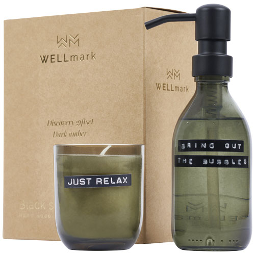 Wellmark Discovery 200 ml hand soap dispenser and 150 g scented candle set - dark amber fragrance