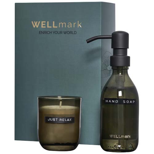 Wellmark Discovery 250 ml hand soap dispenser and 150 g scented candle set
